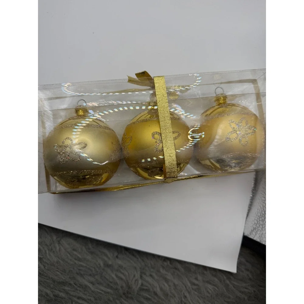 Gold Shatterproof Ornaments Set of 3 Indented‎ Sunburst Glitter Disc 3 Inch